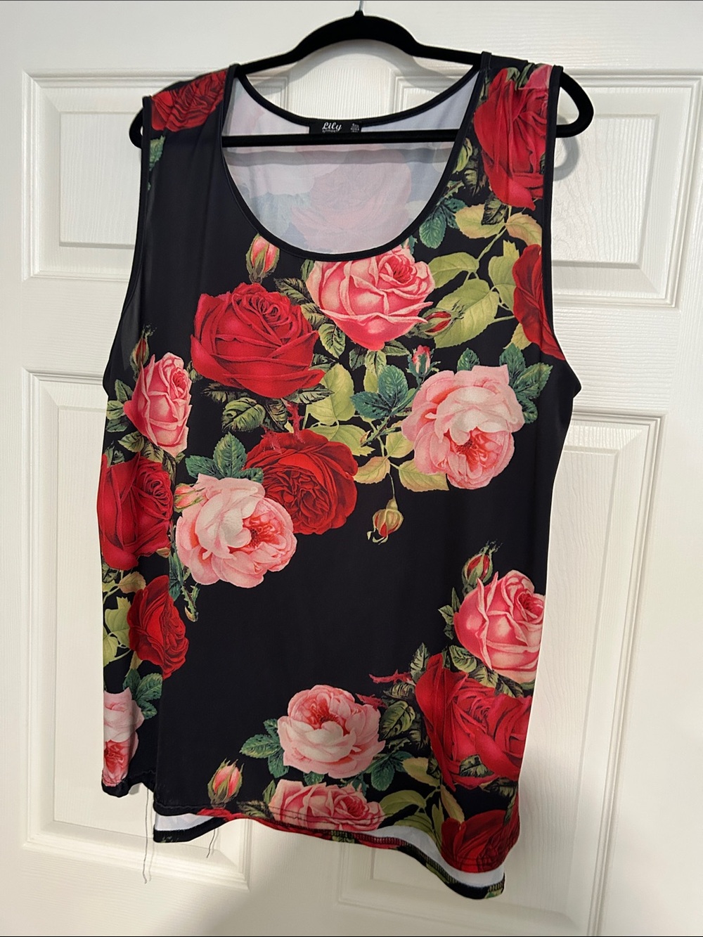 Lily Black Sleeveless Camisole with Red and Pink Rose Print